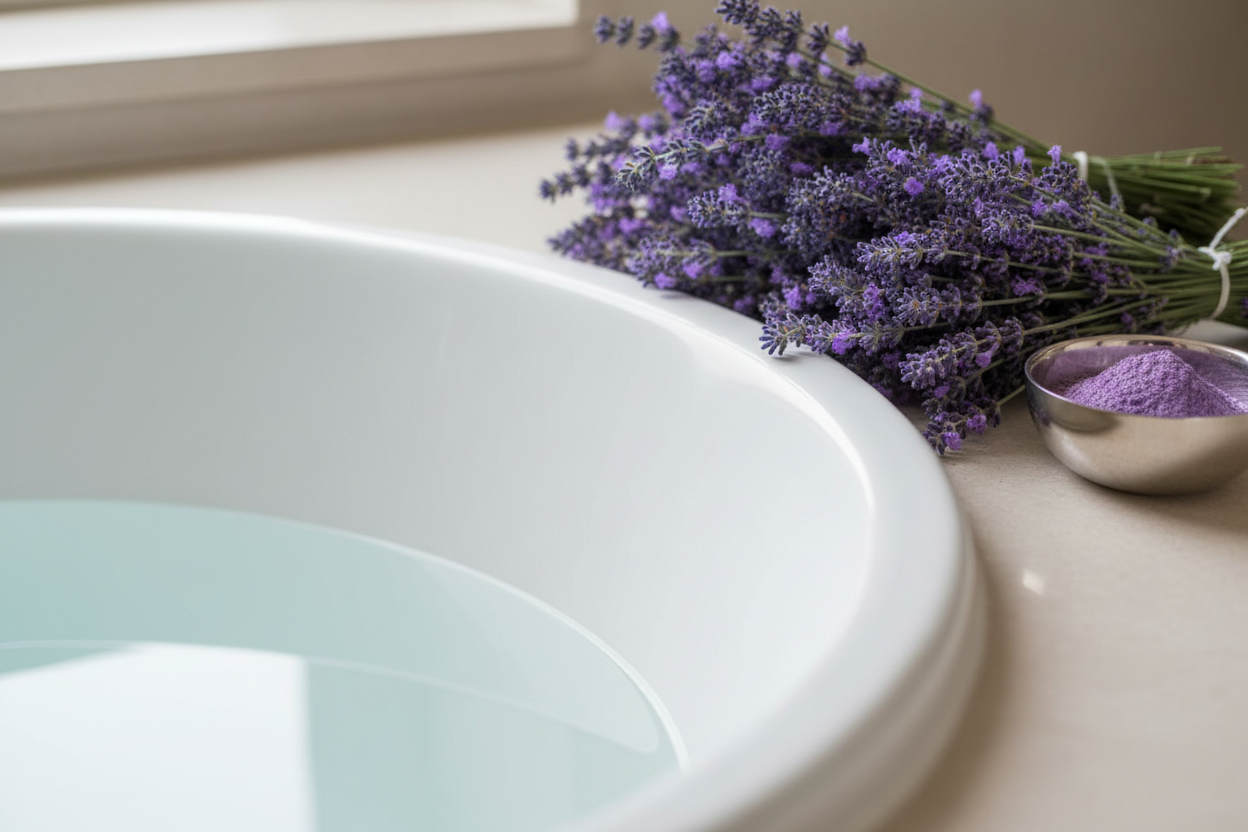 das gleiche bild nur ohne den lavendel auf der badewannen umrandung. und auch keine lavendelstücke im wasser