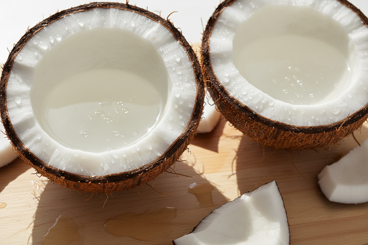 generiere ein bild von zwei halbierten kokosnüssen. es soll frisch wirken und lust auf kokosnuss duft mchen